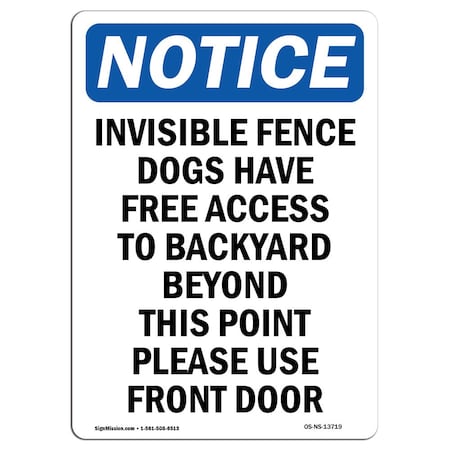 Signmission OSHA Notice Sign, 14" Height Rigid Plastic, Invisible Fence Dogs Have Free Sign, Portrait OS-NS-P-1014-V-13719
